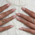 Pearlescent Press on Nails Medium, Glazed Nude Pink with Red Heart Fake Nails Almond Chrome Acrylic Press Ons for Women, Natural Fit Full Cover Glue on Nails in 12 Sizes - 24 Pieces Nail Kit