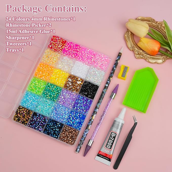30000Pcs Resin Jelly Rhinestones for Bedazzling, EARLMONI Flatback Gems Bedazzler Kit with 15ml B7000 Jewelry Glue Rhinestones Picker Tool (4mm 24 Colors)