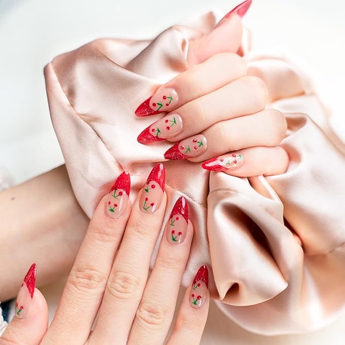 Sun&Beam Nails Handmade Press-on Medium Long Amlond Red Nude Beige French Cherry Sweet Design Fashion False Nail Tips 10 Pcs Set (#217 M)