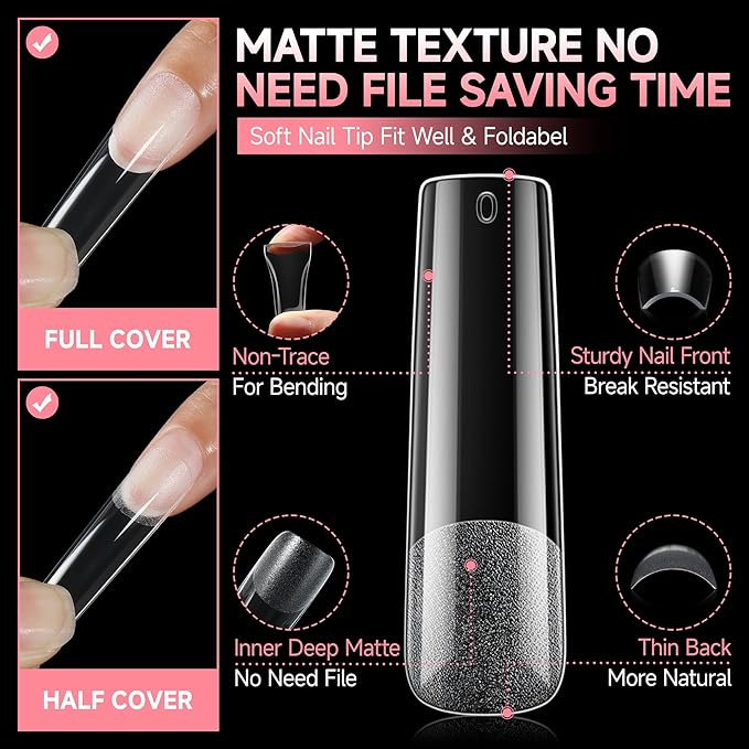 UNA GELLA Nail Tips Sqaure Extra Long Tapered Sqaure Nail Tips 504pcs XXL Clear Fake Nails Full Cover Square Gel Tips for Acrylic Nails Tips for Press on Nail Extensions Home DIY Salon 12 Sizes