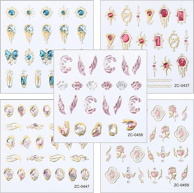 NOODCO 5 Sheets 5D Bronzing Nail Art Stickers Decals, Fishtail Shell Embossed Self-Adhesive Sticker Gemstone Flower Heart Sun Butterfly Gold Metal Line Design Supplies for DIY Decoration Women