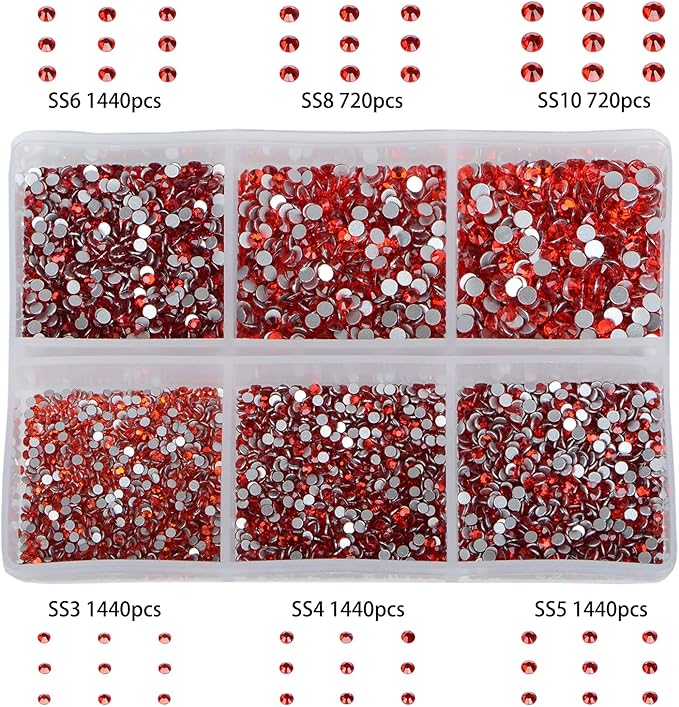 Bymitel 7200 Pieces 6 Mixed Sizes Glue Fix on Glass Rhinestones Round Crystal Gems Flatback for DIY Jewelry Making with one Picking Pen (6-Sizes 7200PCS, Siam)