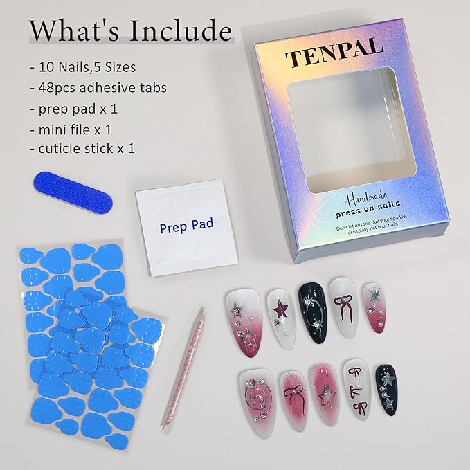 Hot Pink Press On Nails Almond Glitter Gradient White Black Almond Press on Nails Acrylic False Nails With Star Bow Designs 10pcs/Box Ballet Fake Nails Glue On For Women Girls(S)