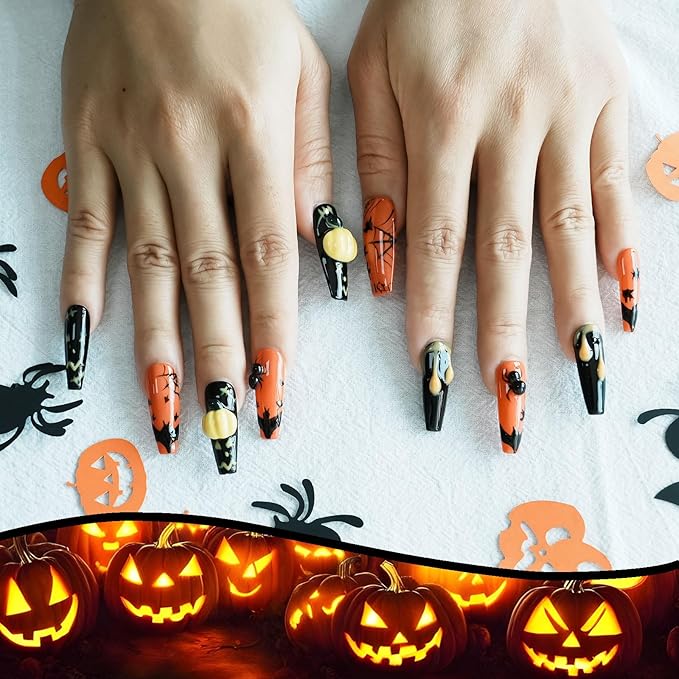 Ballerina Press on Nails Long Coffin - Handmade Black Base with Ant Web Bat Dripping Effect 3D Nail Art for Women & Girls (Pumpkin Bat Silhouette,M)