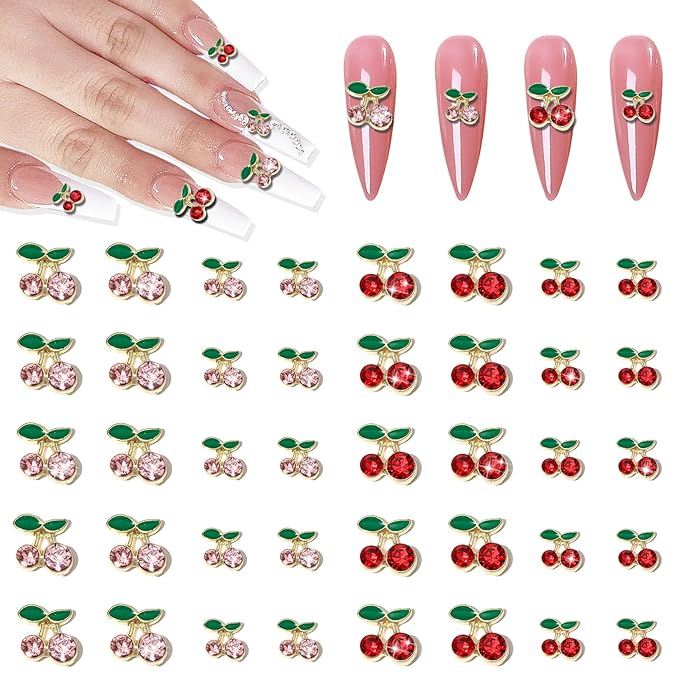 40Pcs Cherry Nail Charms, Wsimily 3D Cute Nail Art Charms Pink and Red Shiny Rhinestone Crystals Nail Accessories for Women Girls Nail Decorations DIY Craft Jewelry