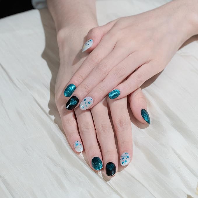 Sun&Beam Nails Handmade Press-on Medium Long Almond Blue Magnet Heart Design Fashion False Nail Tips 10 Pcs Set (#276 S)