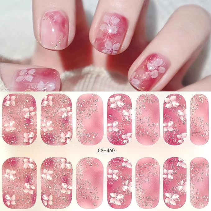 Spring Gel Nail Stickers 4 Sheets Flowers Nail Polish Strips Summer Cute Cherry Blossom Floral Design Nail Art Supply Self-Adhesive Long Lasting Nail Polish Wraps Full Wrap Nail Strips for Women