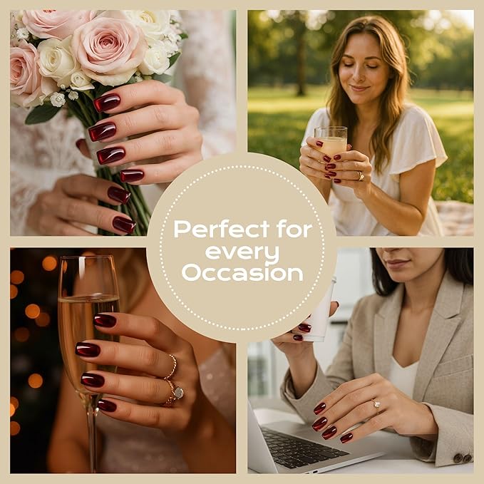 Burgundy Press On Nails Square - Cat Eye Fake Gel Nails, Glossy Sparkle Long-Lasting Chip-Free for Date Night or Fall Nails, 24 Pcs in 12 Sizes with Glue, Adhesive Tabs, File, Prep Pad, Manicure Stick