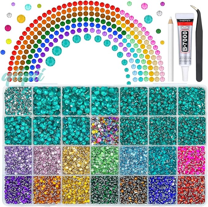 28 Grids Cyan Green 2-6mm Resin Rhinestones w B7000 Glue for Bedazzling Crafting Colorful Flatback Stones Diamonds Crystals Gems Bedazzler Kit for Nails Face Eyes Makeup Tumblers Bottles Crafts