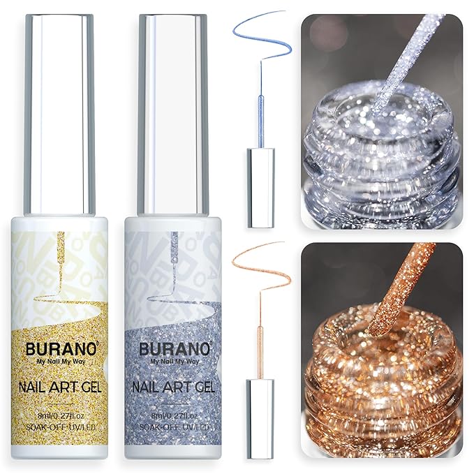 BURANO Gel Nail Polish Liner Nail Art Polish, Silver Gold Painted Gel Nail Design Polish 2 Bottle 8ml, Build in Thin Nail Brush Curing Required LX27 LX21