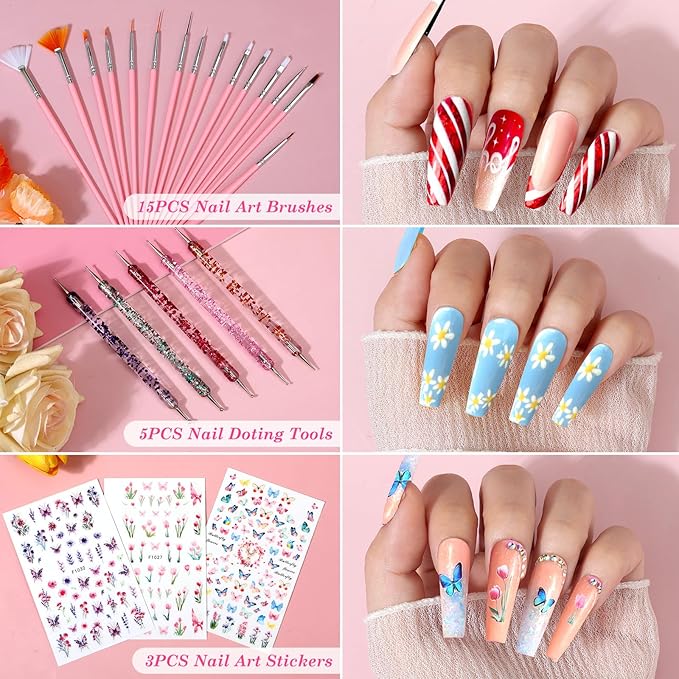 Acrylic Fake Nails Kit Press On Nail Kit with Clear Coffin Nail Tips Nail Display Stand Sequins Sticker Rhinestones Decorations Nail Glue Nail Clay Fine Glitter DIY Nail Art Tool and Supplies