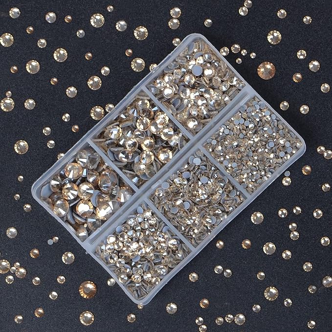 4000Pcs Mixed Size Hot Fix Round Crystals Gems Glass Stones Hotfix Flat Back Rhinestones (Light Champagne)