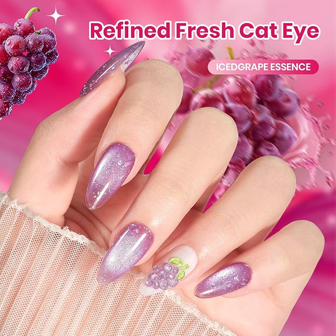 Beetles Iced Grape Essence Purple Cat Eye Gel Nail Polish - 9ML Glitter Purple Cat Eye Spring Gel Polish Magnetic Shimmer Effect Soak Off UV Nail Art Design Salon DIY Manicure Gift for Women