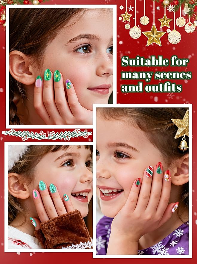 EBANKU Christmas Kid Press on Nails, 72Pcs Almond Fake Nails Kit Full Cover Christmas Tree Design Stick on Nail with Nail Glue for Girl