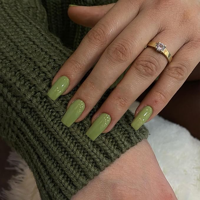 KQueenest Olive Green Press on Nails Long Medium Square, Sage Green Fake Nails Medium Coffin, Glossy Sheer Color Acrylic Nails Press ons, Reusable Soft Gel Glue on Nails for Women Fall Winter