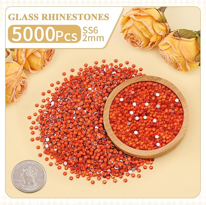 5000PCS SS6/2mm Crystal Rhinestones (Orange/Hyacinth) with 2Pcs 10ml B7000 Jewelry Glue, Bedazzling Flatback Glass Rhinestones for Crafting, Gems Diomand Charms for Tumbler Shoes Clothing Nail Art