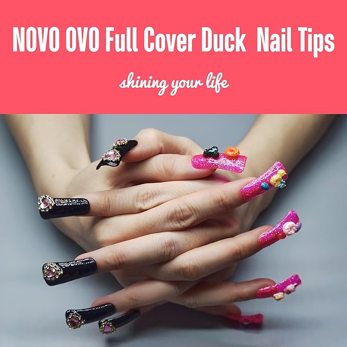 NOVO OVO 120 pcs Full Cover Duck Feet Nail Tips Press On for Acrylic, Clear Medium/Long Coverage Flare Y2K Vibe Wide French Soft Gel False Nail Extension for Art Salon x 12 Sizes in Box