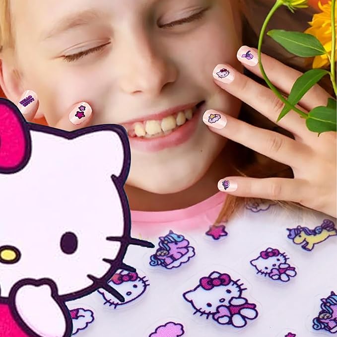 Hello Kitty Nail Stickers – 1 Sheet with 72 Stickers + 24 Rhinestones – Self-Adhesive Nail Art for Girls – Fun Activity & Gift Idea for Birthdays, Crafts, Party Bags and Playdates