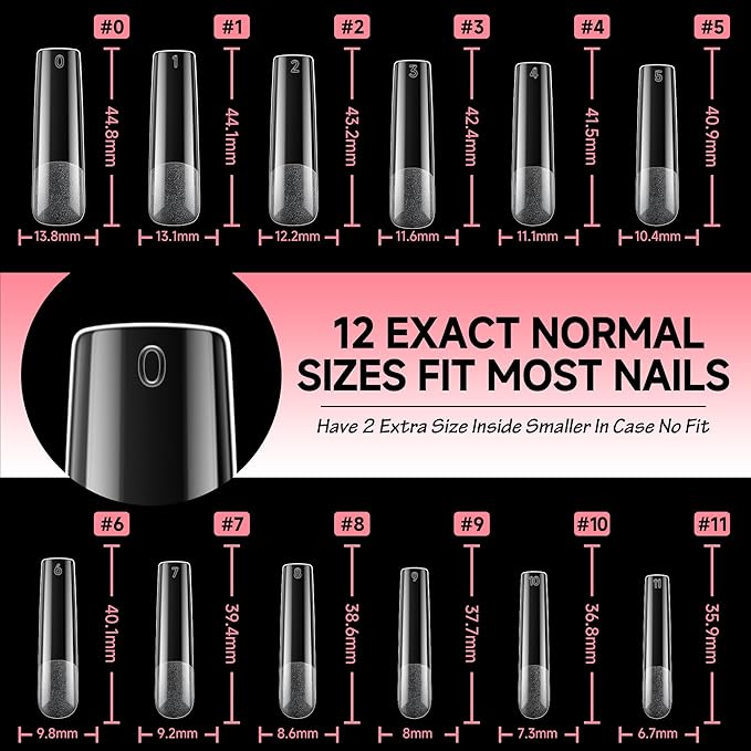 UNA GELLA Nail Tips Sqaure Extra Long Tapered Sqaure Nail Tips 504pcs XXL Clear Fake Nails Full Cover Square Gel Tips for Acrylic Nails Tips for Press on Nail Extensions Home DIY Salon 12 Sizes