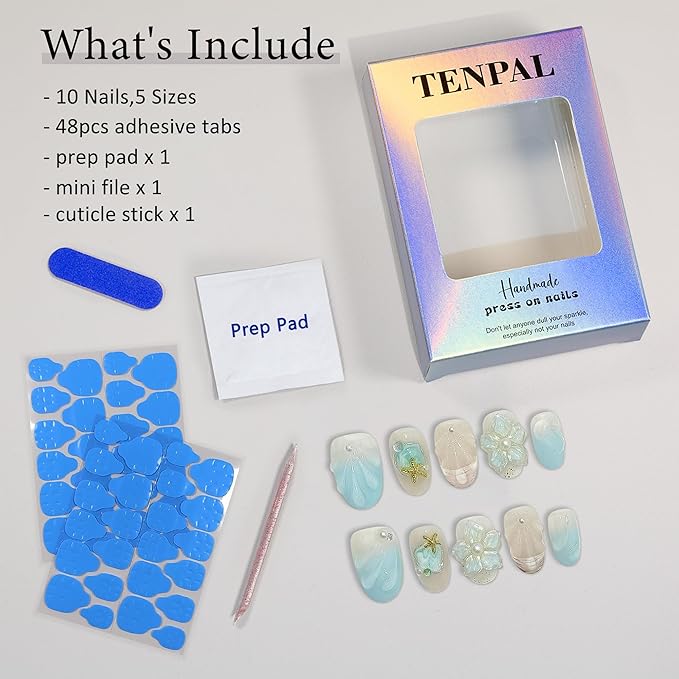 Blue French Tips Press on Nails Short Oval,Isle Blue Gradient & Hand-Sculpted Conch Relief False Nails,Ocean Whisper Fake Nails Kit,Glossy Cute Artisan Coastal Zen Nail Art with Tools 10pcs(M)