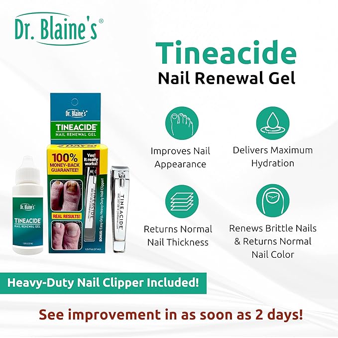 Dr. Blaine's Tineacide Nail Renewal Gel – For Thick, Brittle & Discolored Nails – Softens, Hydrates & Improves Appearance – Targets Cracking & Yellowing – Precision Clippers – 1.25 fl oz