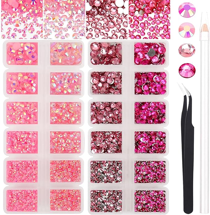 15000PCs 2-6MM Pink Series Resin Flat Back Rhinestones, Round Non Hotfix Jelly & Silver Bottom Resin Rhinestones Nail Gems Stones with Tweezer & Picker Pen for Nail Art Tumblers & DIY Crafts