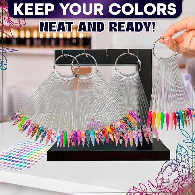 200 Pcs Nail Swatch Sticks Stiletto – Polish Color Swatches with 4 Metal Rings & Numbering Stickers – True Color Visibility, Easy Layer Control | Works with Art Decals and Nail Art Striping Tape Lines