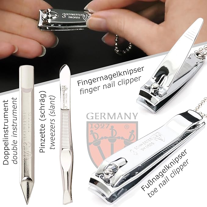 3 Swords Germany - brand quality 6 piece manicure pedicure grooming kit set for professional nail care with jeans textile case - Made in Germany