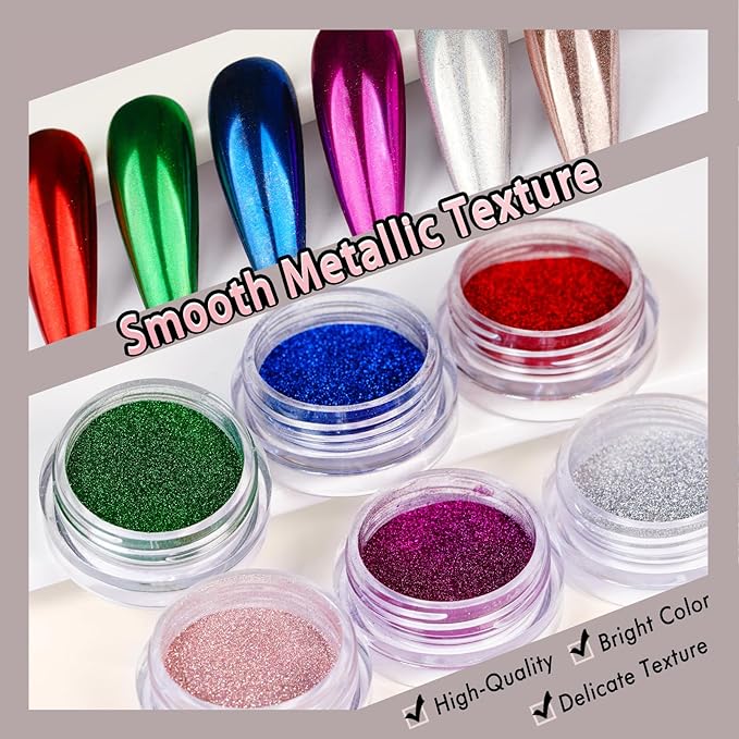 6 Colors Set 0.5g/Jar Chrome Nail Powder Holographic Metallic Mirror Effect Pigment Dust for Gel Nail Art Manicure Decoration