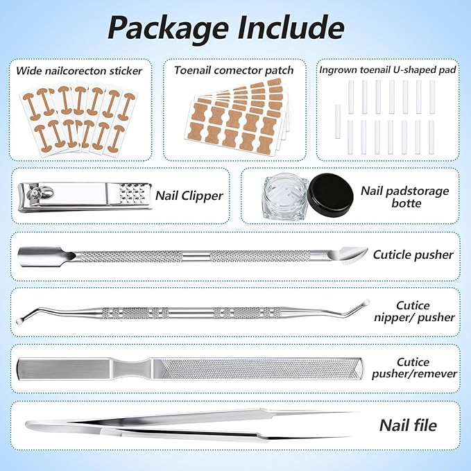 Ingrown Toenail Corrector Set with Correction Strips, Professional Ingrown Toenail Removal Kit, Painless File and Lifter Pedicure Tool Curved Toenails Corrector Patch for men and women