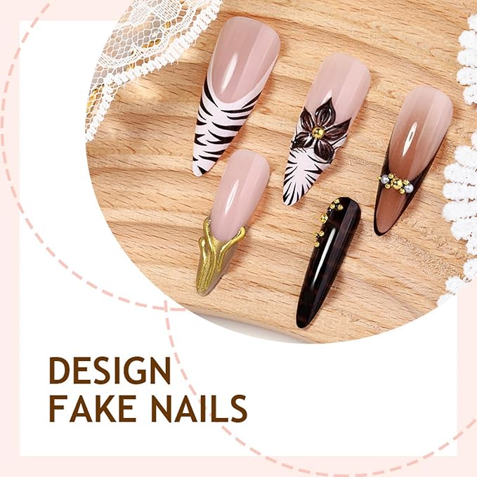 Almond Press on Nails Long Fake Nails Seeneey Brown Artificial Nail Gold Charm and 3D Flowers Designs Tortoise Shell Stick on Nail for Women 24pcs