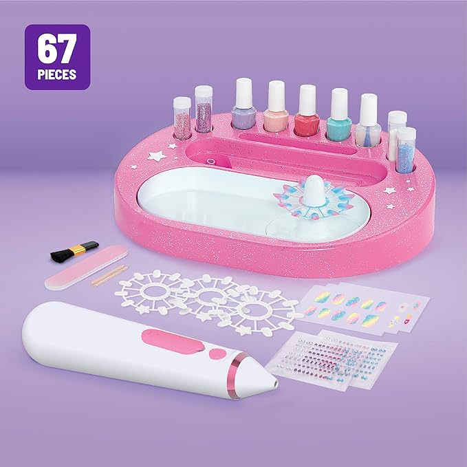 Claire's Kids Nail Art Kit, 67-Piece Airbrush Glitter Salon Nail Charms & Accessories Set, Polish, Press-On Nails, Stickers, Wraps, Girl Toys & Beauty Activity, Manicure Fashion Gift for Girls Age 8+
