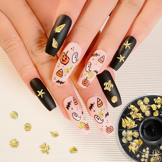 Ocean Nail Art Charms, 3D Metal Nails Stickers, Beach Starfish Seashell Decals Manicure DIY Embellishments for Women- Gold