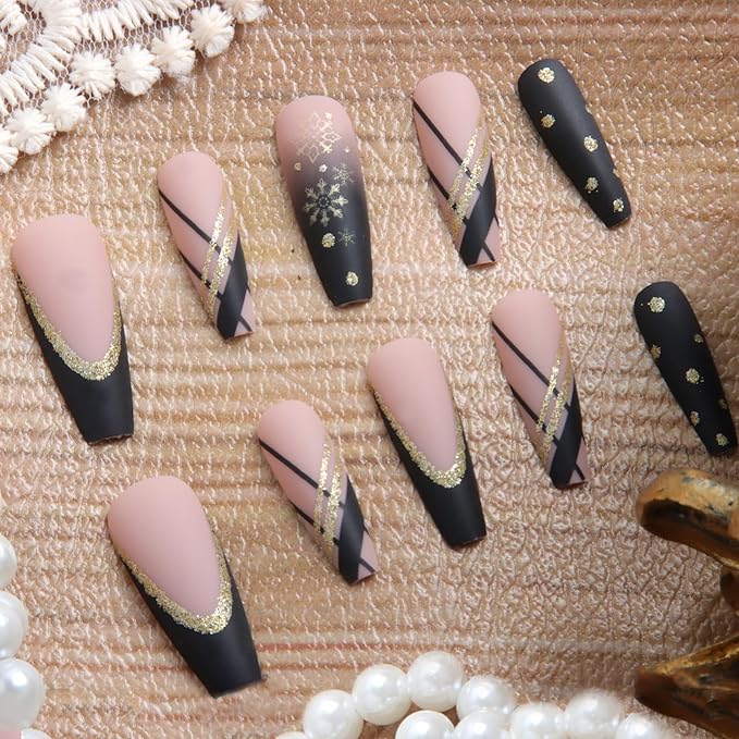 24pcs Black and Gold Snow Long Square Press On Nails, Reusable Nail Kit with Adhesive Tabs, 12 Sizes (Black and Gold)