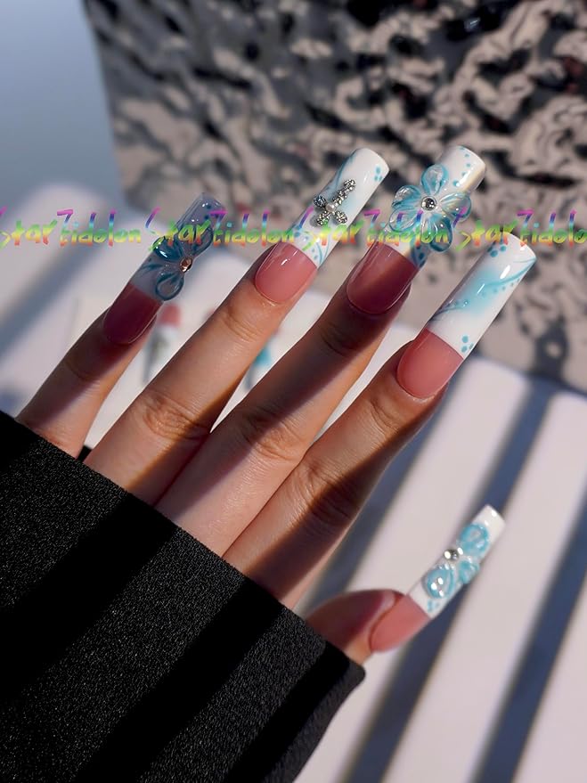 HAND-PAINTED White Press Ons Neon Small Press on Nails Long French Press on Nails Coffin Medium Short Nail art Fake Nail Art Kit with 7g Glue on Nails Handmade Almond Square Nails (TJ-8, Custom)