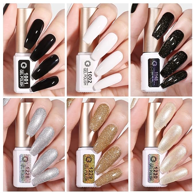 GAOY Gel Nail Polish Kit with UV Light Fast Curing LED Nail Lamp and 6 Gel Polish Colors of Black White Glitter Including Manicure Tools Top/Matte/Base Coat Nail Art Gel Nail Kit