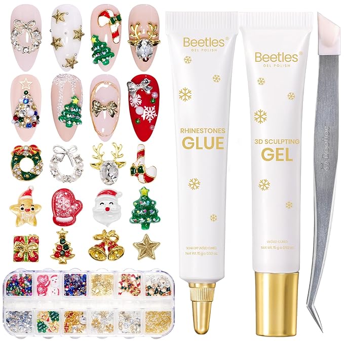 Beetles 3D Gel Nail Art Rhinestones Glue Kit - Nail Decorations Limited with Nail Art Gem Glue &Tool for Crystals Pearls Charms Art DIY Decoration Gift for Women