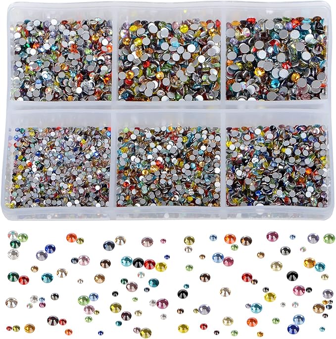 Bymitel 7200 Pieces 6 Mixed Sizes Glue Fix on Glass Rhinestones Round Crystal Gems Flatback for DIY Jewelry Making with one Picking Pen(Mix: SS3-SS10/7200PCS, Mixed Colors)