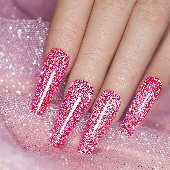 RARJSM Reflective Gel Nail Polish Hot Pink Glitter Gel Polish Neon Flash Diamond Sparkle Gelpolish Soak off UV Curing Requires 15ml Single Bottle for Salon Home Diy Nail Manicure