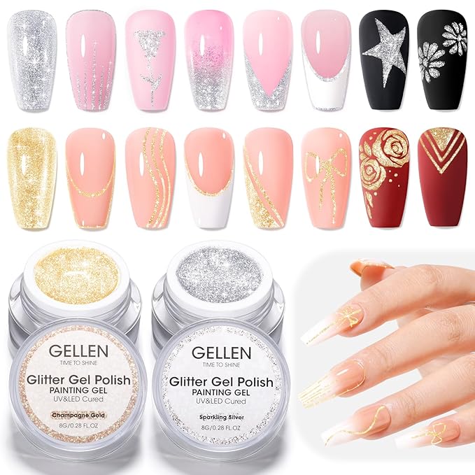 GELLEN Painting Gel for Nails, Metal Platinum Reflective Glitter Gold Gel Polish Drawing French-tip Floral Painted Liner Soak Off Lamp Cured for Salon DIY Nail Art, Hema-free, Champagne & Silver