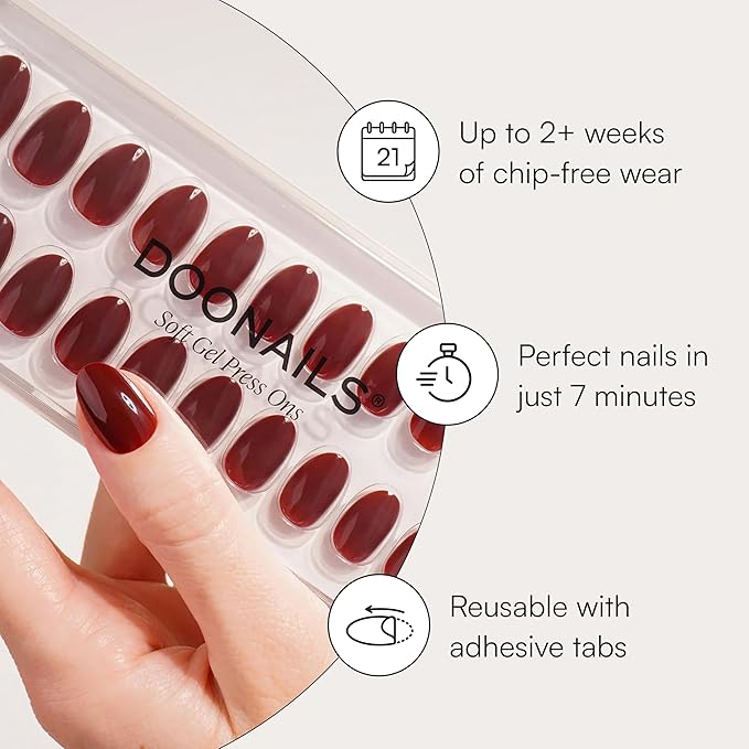 DOONAILS Soft Gel Press On Nails - 30 Pcs Kit with Stickers in 15 Sizes – Red, Short Round – Reusable Glue On Fake Nails, Handmade & Salon-Quality Finish, Vegan & Cruelty-Free, Uñas Postizas