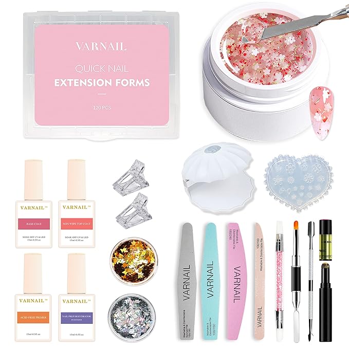VARNAIL Nail Extension Kit Solid Building Gel, Non-sticky Nail Building Gel with Basic Gel and Tools, Lamp, Accessories, Poly Gel Kit for Beginners Nail Art DIY Home (Floral Gel)