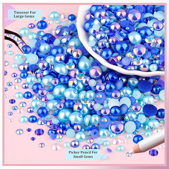 14000Pcs Flatback Pearls and Rhinestones for Crafting, Blue Series Mixed Size 3-8mm Resin Rhinestones and Half Pearls for Bedazzling, Nail Art with Tweezers and Pickup Pencil