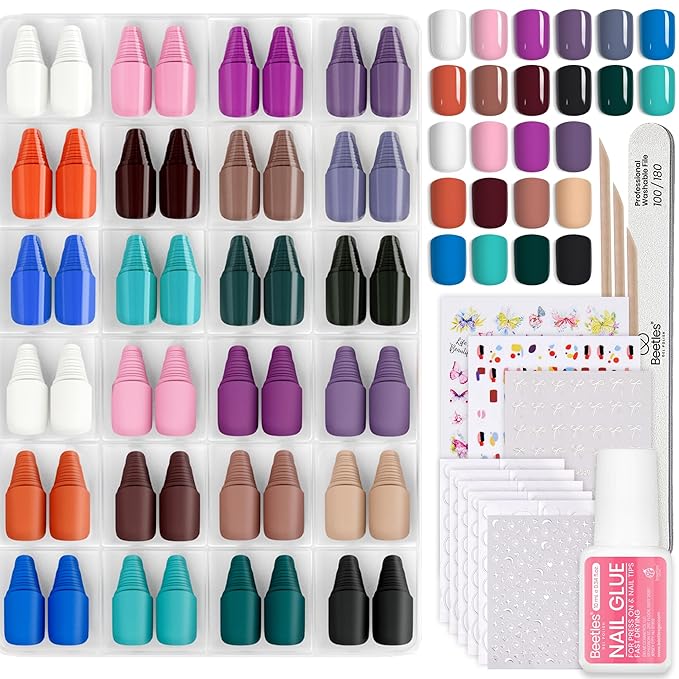 Beetles Press on Nails Kit 576Pcs 24 Colors, Short Square Press on Nails Glossy Matte With Nail Glue & Nail Tabs Stickers, Natural Fit Lightweight Fake Nails Kit Art For Women