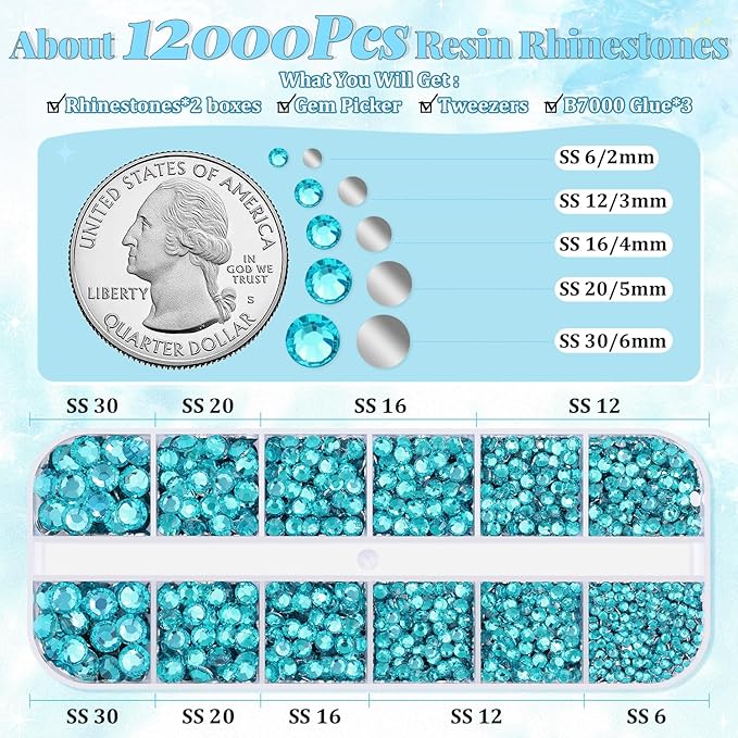 12000Pcs Resin Rhinestones for Bedazzling with 3Pcs B7000 Jewelry Glue, 2 Boxes Teal Blue Flatback Rhinestones for Crafting Crafts DIY, Crystals Gems for Clothing Shoes Tumblers Nail Art Makeup
