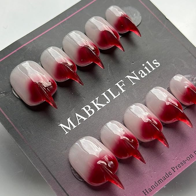 Halloween Press on Nails Luxury Short Stiletto Handmade Cat Claw Unique Reusable ABS Material Red Fake Nails Eagle Claw False Nails Gradient Glossy Glue on Nail Curved Thick Acrylic Nail(S)