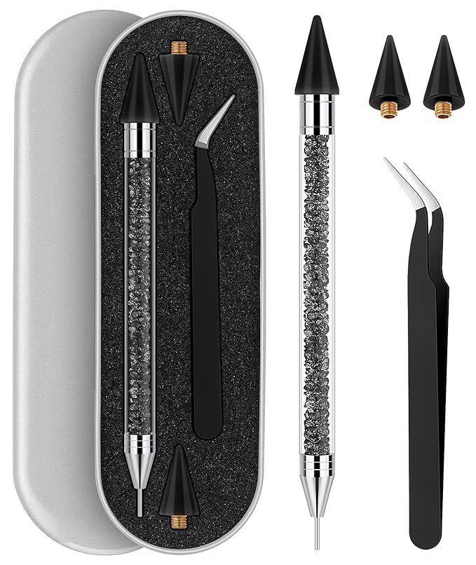 Tatuo Rhinestone Picker Tool Set Wax Pen for Rhinestones Diamond Art Painting Dual Head Dotting Pen with 2 Extra Wax Tips and 1 Nail Art Tweezer for Nail Art DIY Crafts(Black)