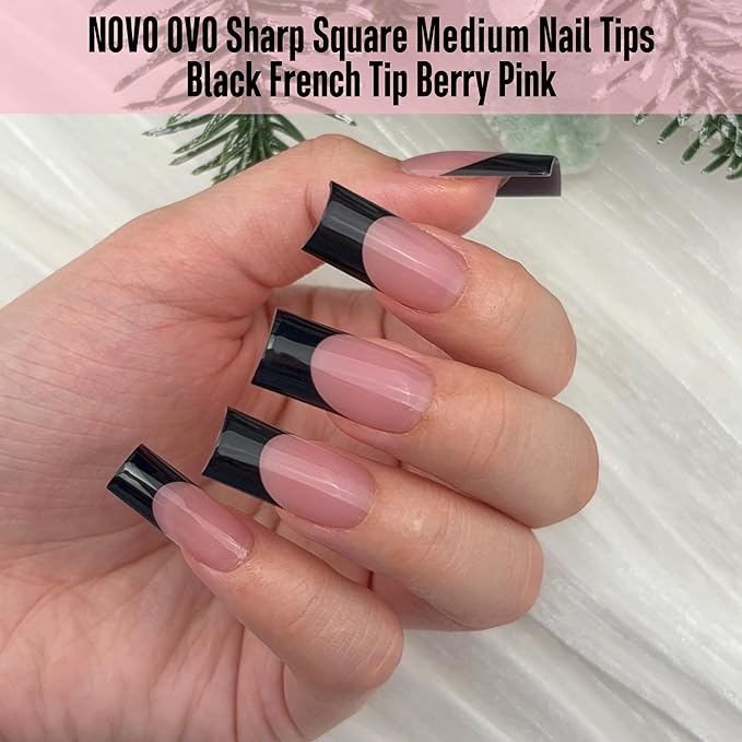 NOVO OVO Medium Sharp Square Black French Tip Nail Tips Press on BERRY PINK, Extra Thick NEED Builder Glue Gel & Top Coat, Soft Gel Full Cover False Fake Nail Extension for Salon DIY x 15 Sizes 180 pc