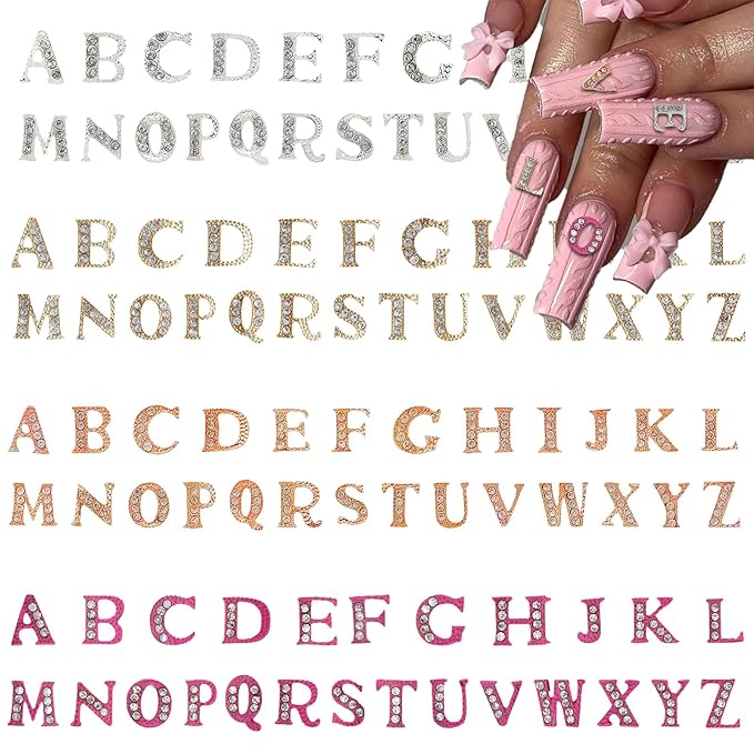 104 Pcs 3D Silver Gold Rose Gold Pink Nail Charms Letters Initial Charms for Nails Nail Letter Charms Alphabet Rhinestone Nail Charms for Nail Art Design Decoration DIY Craft