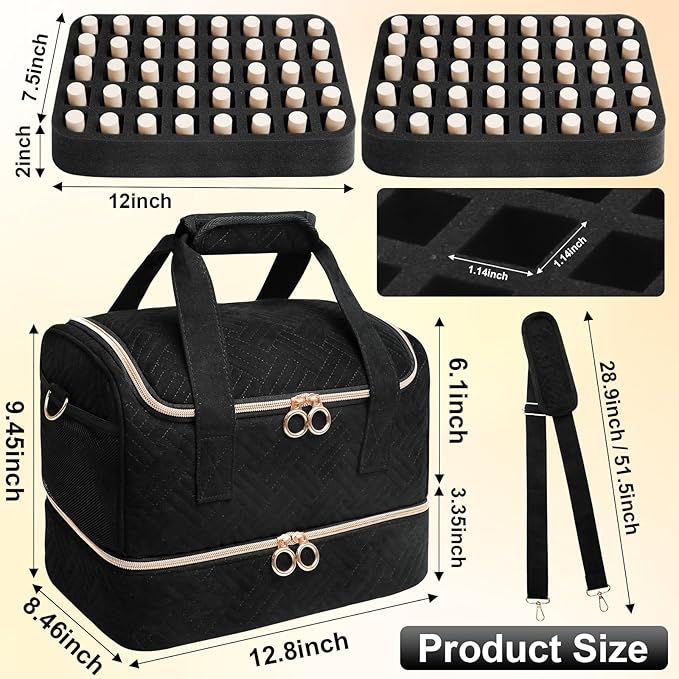 Nail Polish Organizer Bag Holds 80 Bottles (15ml/0.5fl.oz)& Nail Lamp, Soft Velvet Nail Kit Storage Carrying Case with Shoulder Strap, Double Layer Nail Supplies Organizer Handbag Women Black